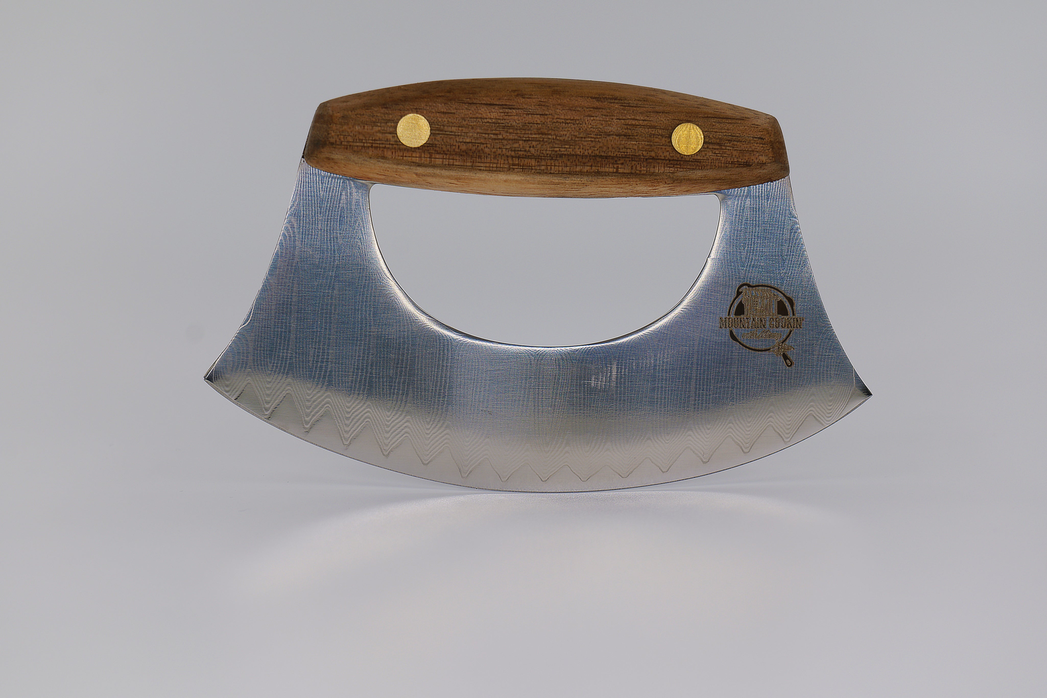 Ulu Knife - Damascus Steel With Leather Sheath - Pizza Cutter, Chef Knife, Wood Grip, Sharp, Rocker Slicer, Salad, Onion, Vegetable Chopper with Leather Sheath, Christmas Gift - Mountain Cookin' with Missy