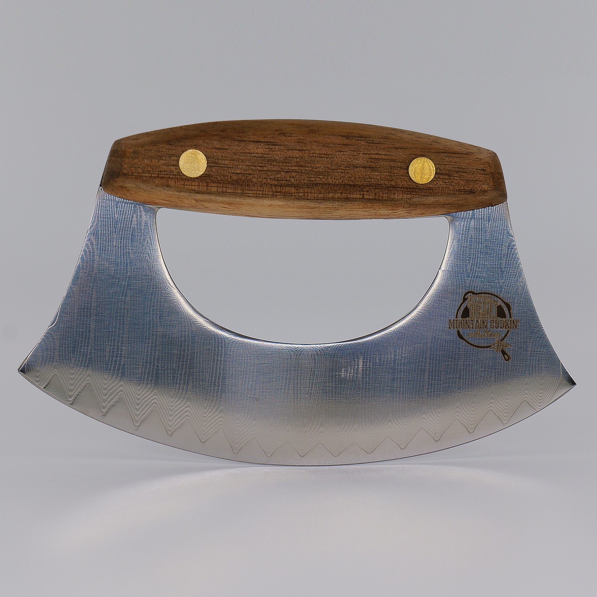 Ulu Knife - Damascus Steel With Leather Sheath - Pizza Cutter, Chef Knife, Wood Grip, Sharp, Rocker Slicer, Salad, Onion, Vegetable Chopper with Leather Sheath, Christmas Gift - Mountain Cookin' with Missy