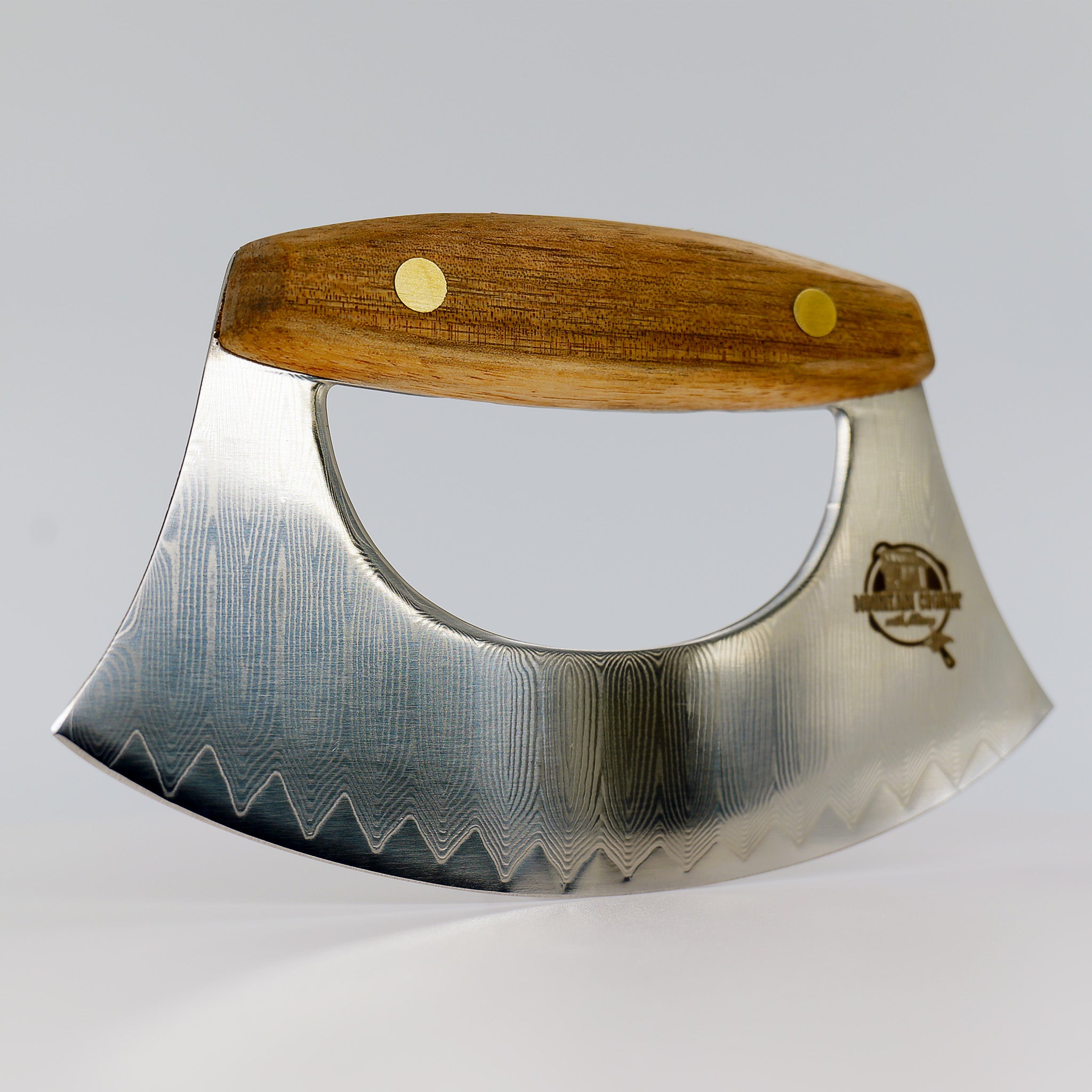 Ulu Knife - Damascus Steel With Leather Sheath - Pizza Cutter, Chef Knife, Wood Grip, Sharp, Rocker Slicer, Salad, Onion, Vegetable Chopper with Leather Sheath, Christmas Gift - Mountain Cookin' with Missy