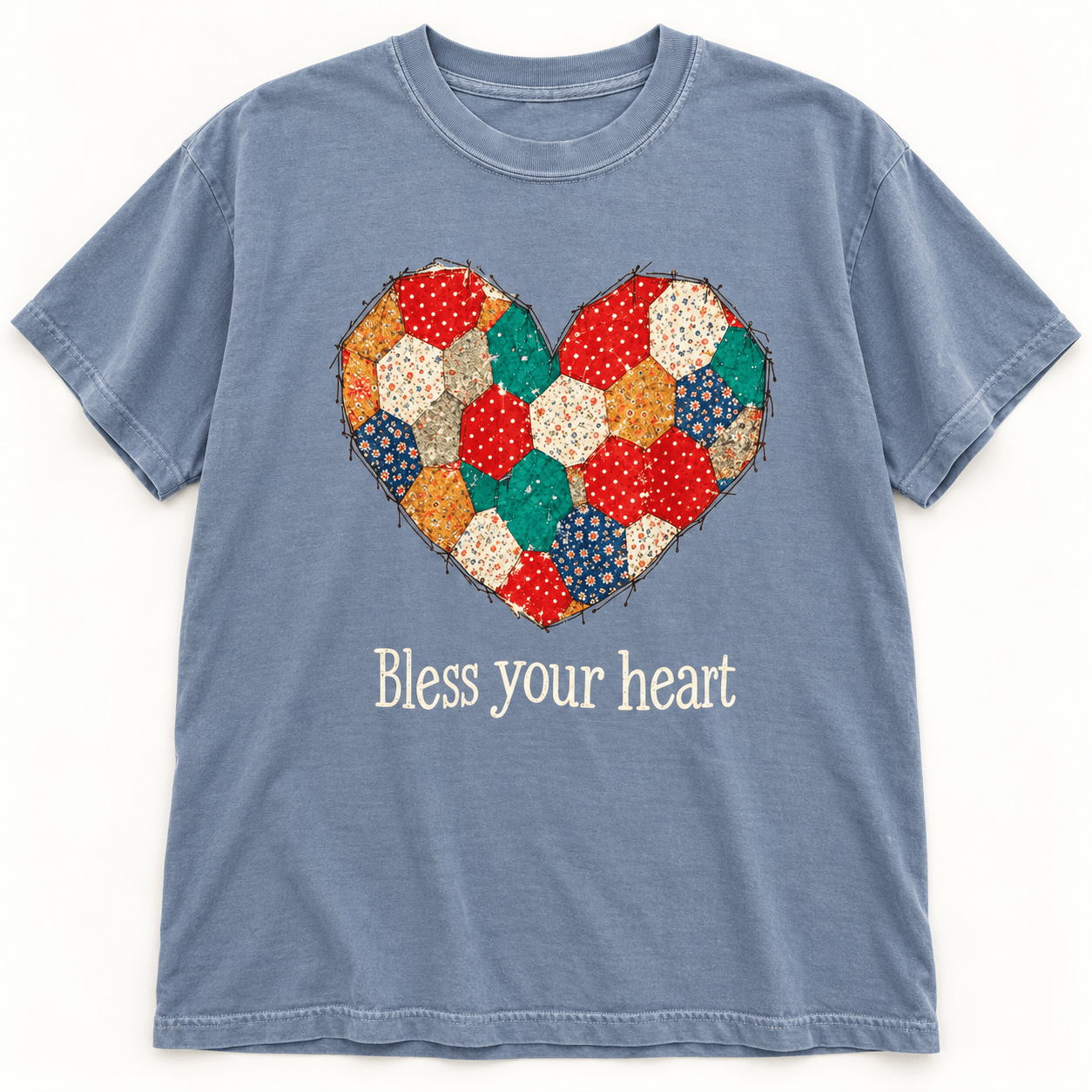 Bless Your Heart Patchwork Heart T-Shirt – Blue - Mountain Cookin' with Missy