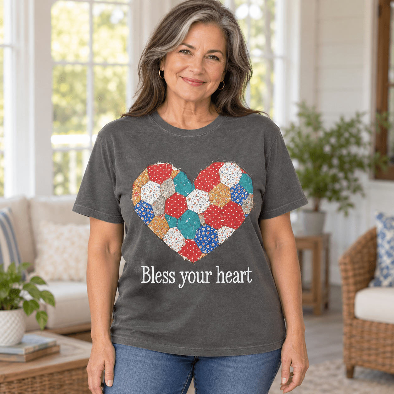 Bless Your Heart Patchwork Heart T-Shirt – Charcoal - Mountain Cookin' with Missy