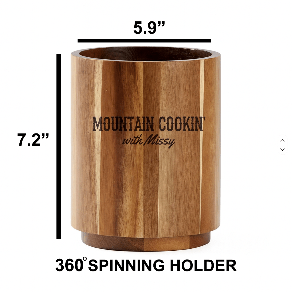 8 - Piece Wooden Kitchen Utensil Set with 360° Large, 7.2" Rotating Holder – Natural Teak & Acacia Wood - Preorder - Mountain Cookin' with Missy