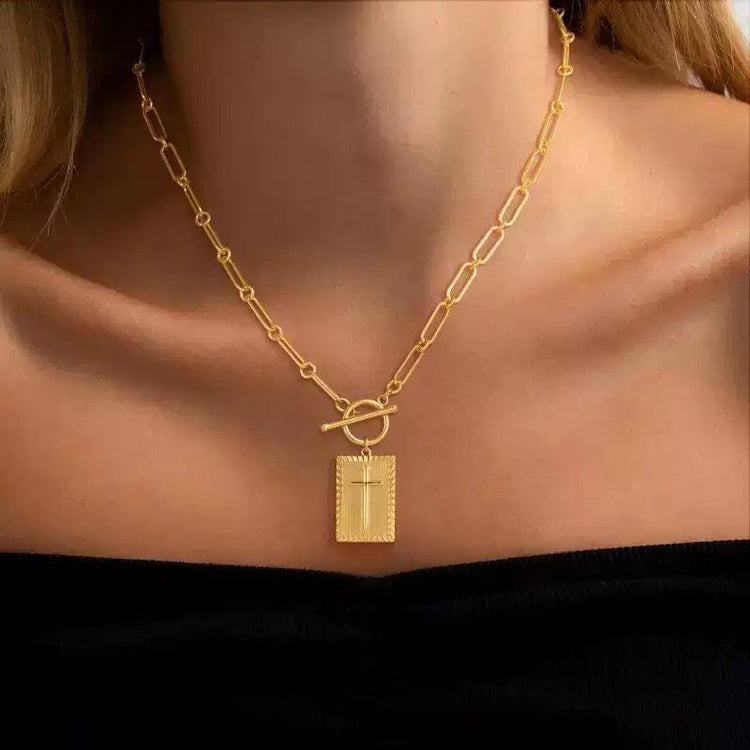 Gold Cross Pearl Necklace For Women - 18K Gold Plated Stainless Steel Paperclip Chain With Handmade Pearl Accent
