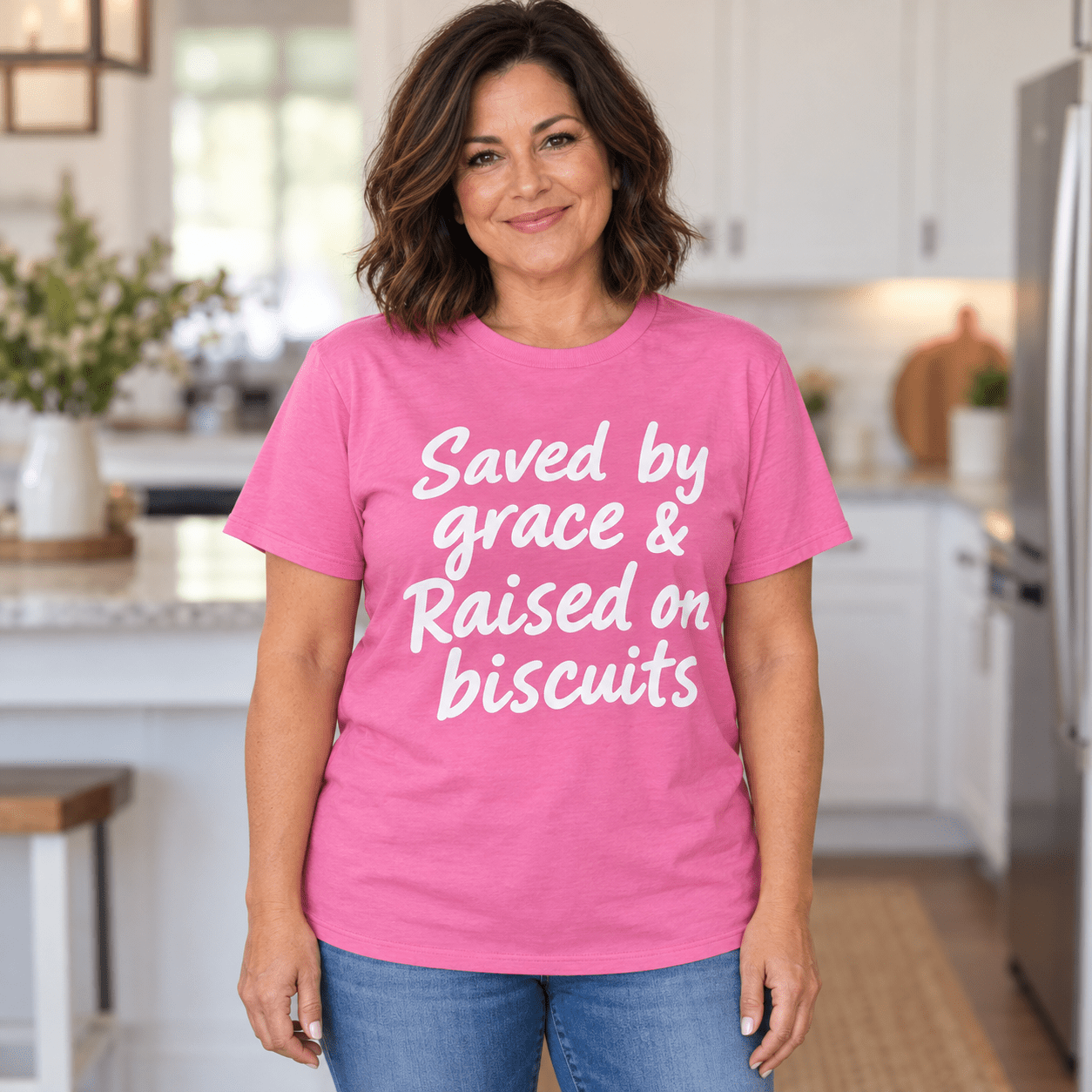 Saved by Grace & Raised on Biscuits T-Shirt – Pink - Mountain Cookin' with Missy