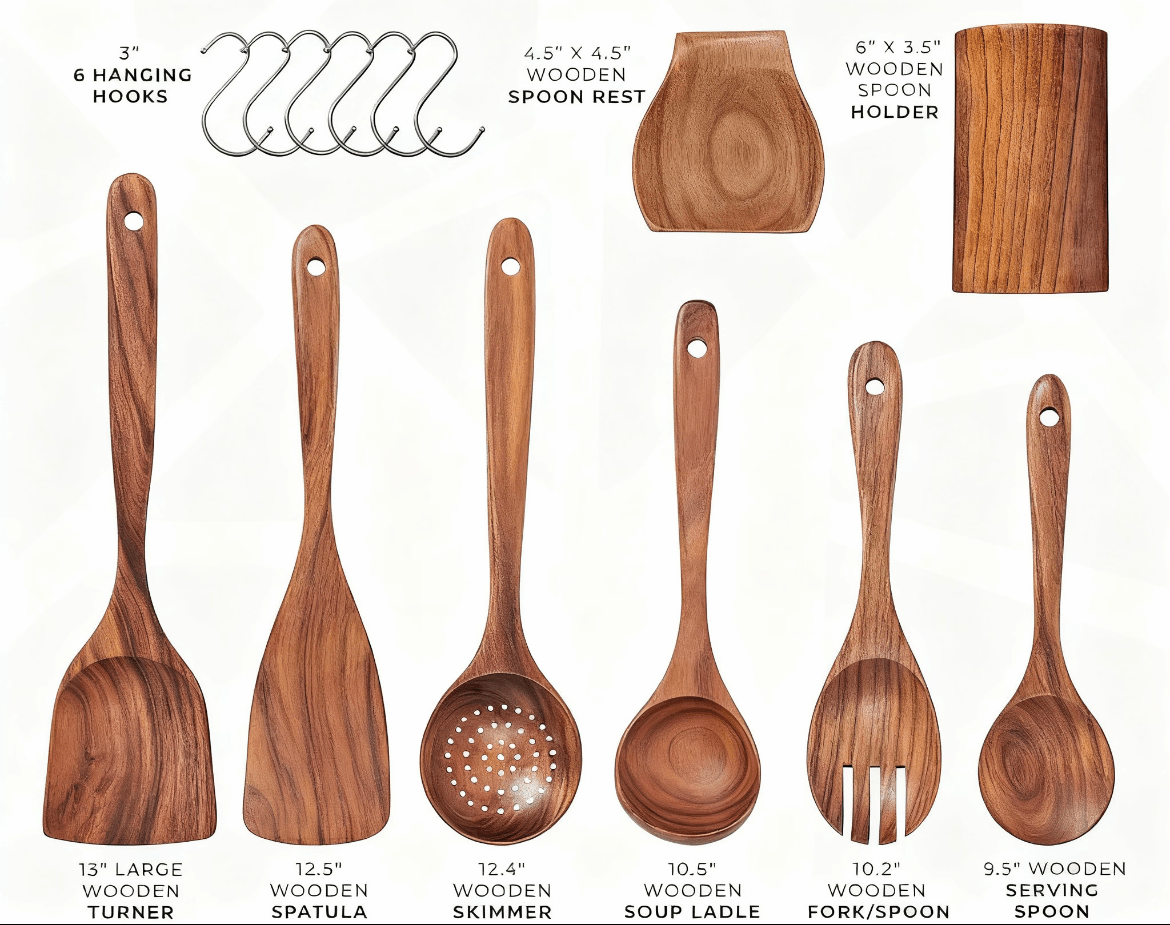8 - Piece Wooden Kitchen Utensil Set with 360° Large, 7.2" Rotating Holder – Natural Teak & Acacia Wood - Preorder - Mountain Cookin' with Missy