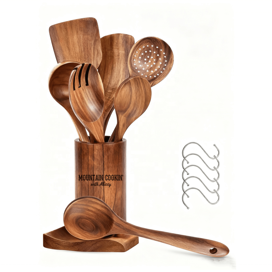 8 - Piece Wooden Kitchen Utensil Set with 360° Large, 7.2" Rotating Holder – Natural Teak & Acacia Wood - Preorder - Mountain Cookin' with Missy